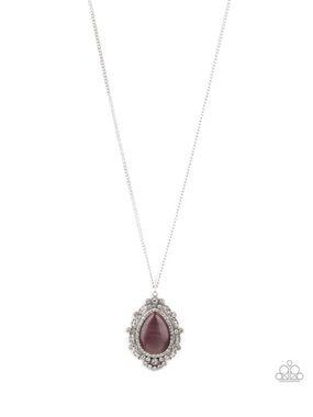 N-92 Silver and Purple Teardrop Pendant Necklace with Matching Earrings